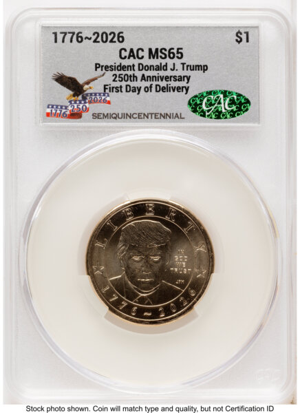 2026 Semiquincentennial President Donald J. Trump $1 First Day of Delivery America 250 Eagle with Banner Label 65 CACG