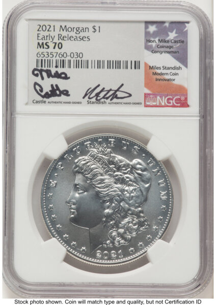 2021 S$1 Morgan Dollar, MS ER Mike Castle/Miles Standish 70 NGC