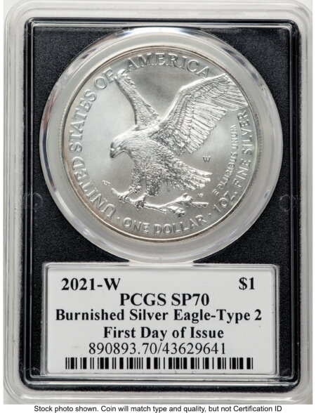 2021-W TY2 Burnished Silver Eagle 1 oz FDI Emily Damstra Blk Frame 70 PCGS