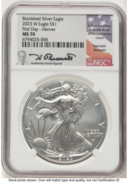 2023-W Burnished Silver Eagle 1 oz FDI Kenneth Bressett Portrait Denver 70 NGC