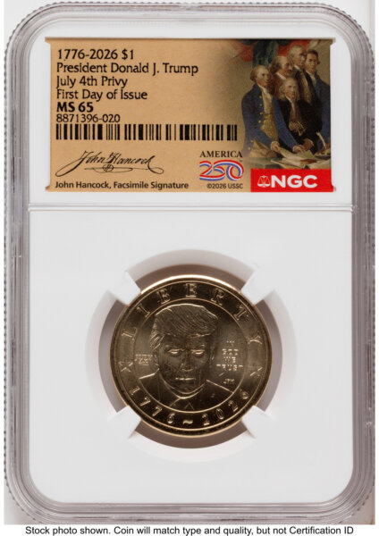 2026 Semiquincentennial President Donald J. Trump $1 (Privy Mark) FDI America 250 John Hancock Label 65 NGC