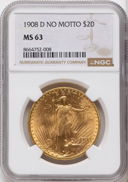 1908-D $20 NO MOTTO 63 NGC