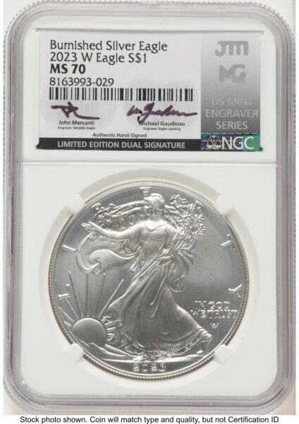2023-W Burnished Silver Eagle 1 oz John Mercanti/Michael Gaudioso US Mint Engraver Series 70 NGC