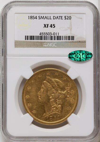 1854 $20 Small Date CAC 45 NGC