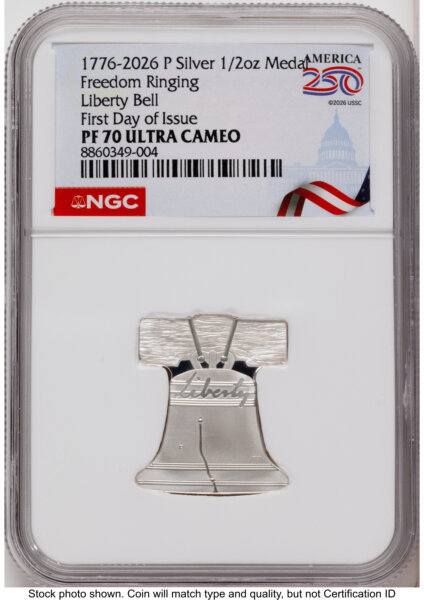2026-P Freedom Ringing Liberty Bell 1/2 oz Silver Medal FDI America 250 Congress Building Label 70 NGC