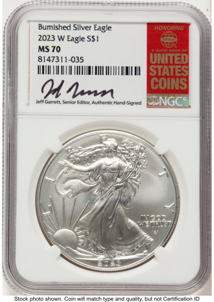 2023-W Burnished Silver Eagle 1 oz Jeff Garrett Red Book 70 NGC