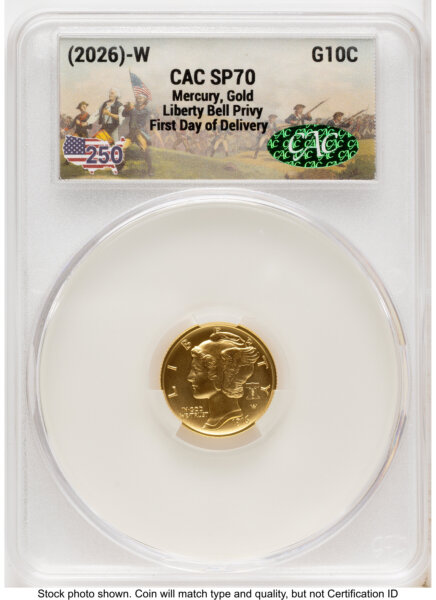 2026-W Best of the Mint 1916 Mercury Dime Gold 1/10 oz First Day of Delivery America 250 70 CACG