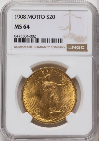 1908 $20 MOTTO 64 NGC