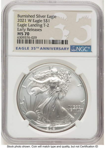 2021-W TY2 Burnished Silver Eagle 1 oz ER Eagle 35th Anniversary Label 70 NGC