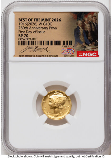 2026-W Best of the Mint 1916 Mercury Dime Gold 1/10 oz FDI America 250 John Hancock Label 70 NGC