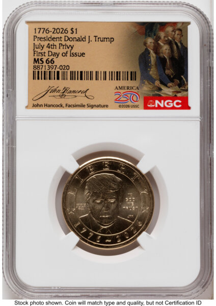 2026 Semiquincentennial President Donald J. Trump $1 (Privy Mark) FDI America 250 John Hancock Label 66 NGC