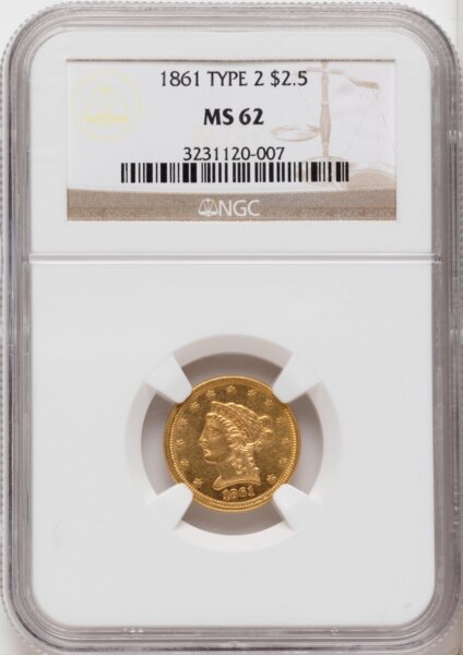 1861 $2 1/2 New Reverse, Type 2, MS 62 NGC
