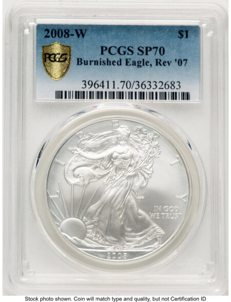 2008-W Reverse of 2007 Burnished Silver Eagle 1 oz Blue Gradient 70 PCGS