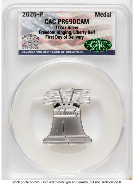 2026-P Freedom Ringing Liberty Bell 1/2 oz Silver Medal First Day of Delivery America 250 Flag Label 69 CACG