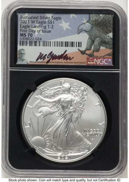 2021-W TY2 Burnished Silver Eagle 1 oz FDI Michael Gaudioso Eagle Flag Blk Core 70 NGC