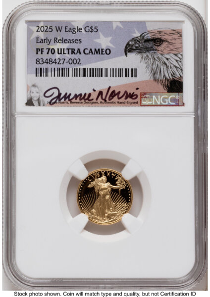 2025-W Proof Gold Eagle 1.85 oz ER Jennie Norris Eagle Flag 70 NGC