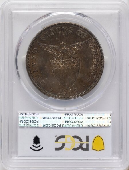 1905-S Philippines Peso, Straight Serif, MS PCGS Secure 62 PCGS