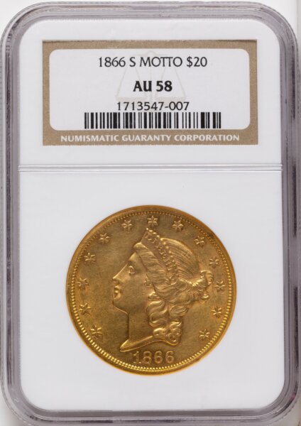 1866-S $20 MOTTO 58 NGC