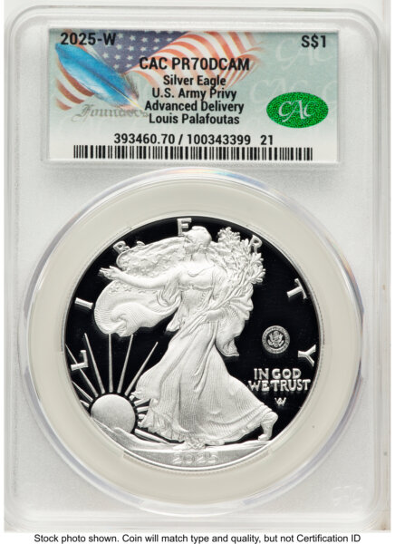 2025-W Proof Silver Eagle Privy U.S. Army 250th Anniversary 1 oz Advanced Delivery Louis Palafoutas 70 CACG
