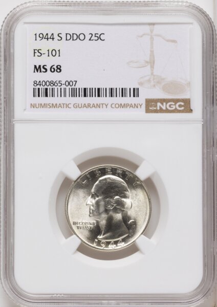 1944-S 25C DDO FS-101, MS 68 NGC