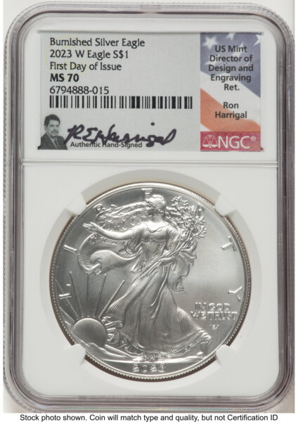2023-W Burnished Silver Eagle 1 oz FDI Ron Harrigal 70 NGC