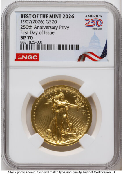 2026 2 Coin Best of the Mint 1907 Saint Gaudens $20 Gold 1 oz and Silver 1 oz Medal Set FDI America 250 Congress Building Label 70 NGC