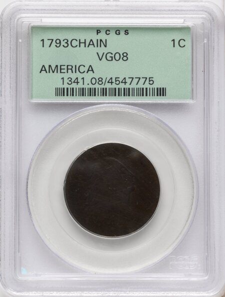 1793 CHAIN 1C AMERICA, BN, MS 8 PCGS