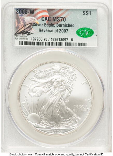2008-W Reverse of 2007 Burnished Silver Eagle 1 oz Ron Drzewucki 70 CACG