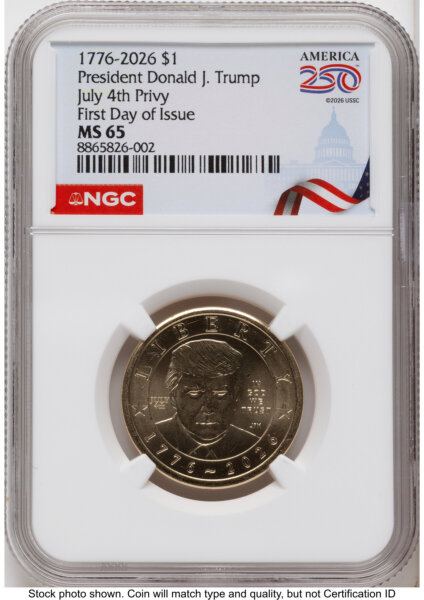 2026 Semiquincentennial President Donald J. Trump $1 (Privy Mark) FDI America 250 Congress Building Label 65 NGC