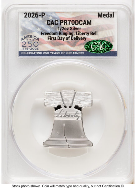 2026-P Freedom Ringing Liberty Bell 1/2 oz Silver Medal First Day of Delivery America 250 Flag Label 70 CACG