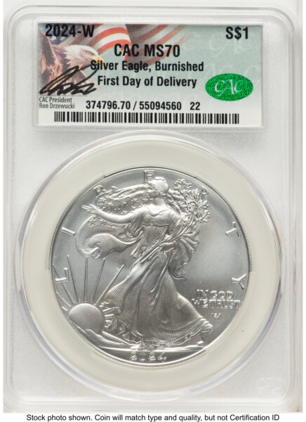 2024-W Burnished Silver Eagle 1 oz First Day of Delivery Ron Drzewuki 70 CACG