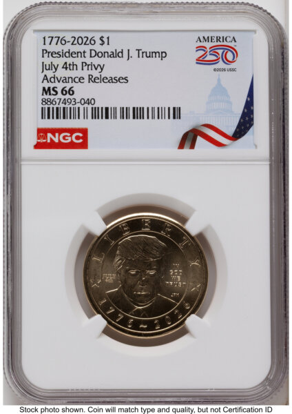 2026 Semiquincentennial President Donald J. Trump $1 (Privy Mark) AR America 250 Congress Building Label 66 NGC