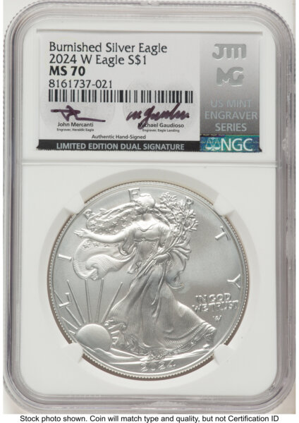 2024-W Burnished Silver Eagle 1 oz John Mercanti/Michael Gaudioso US Mint Engraver Series 70 NGC
