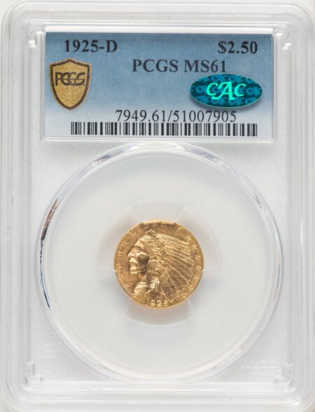 1925-D $2 1/2 CAC PCGS Secure 61 PCGS