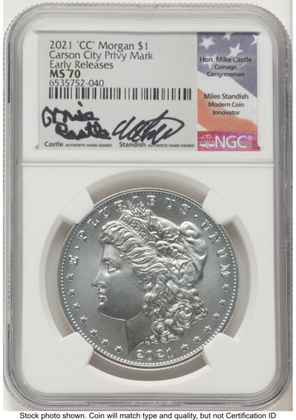 2021-CC Privy S$1 Morgan Dollar, MS ER Mike Castle/Miles Standish 70 NGC