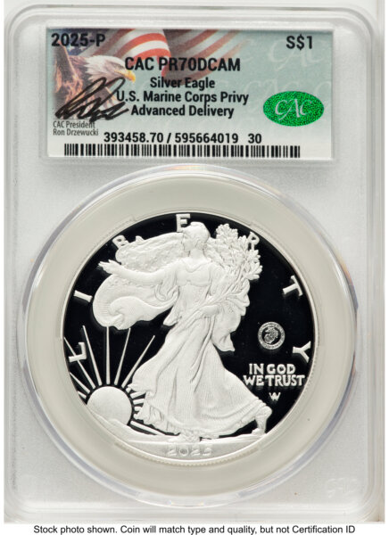 2025-P Proof Silver Eagle Privy U.S. Marine Corps 250th Anniversary 1 oz Advanced Delivery Ron Drzewucki 70 CACG